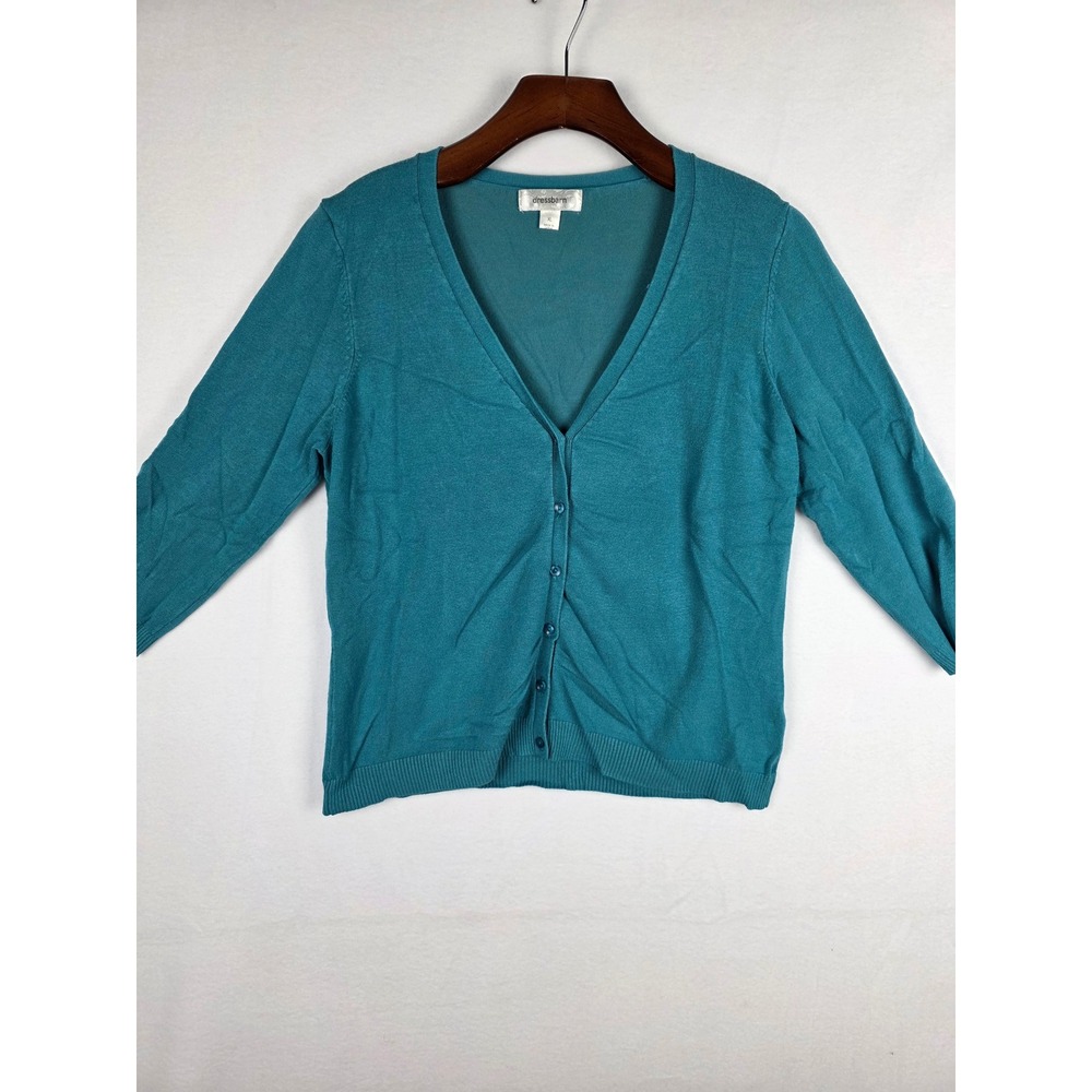 Dressbarn Womens XL Teal Blue V-Neck Button Front 3/4 Sleeve Cardigan Sweater